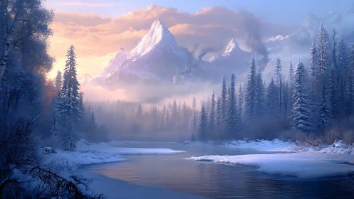 Glacial river basin under alpenglow-illuminated alpine massif.