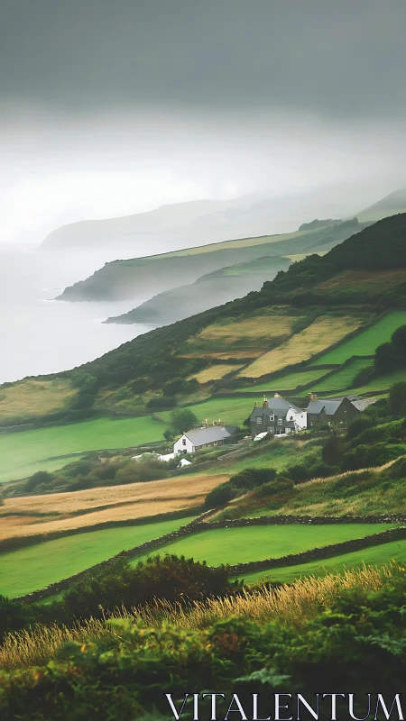 Photographic coastal farmland with misted headlands perspective.