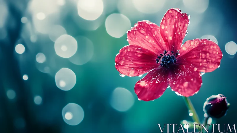 Macro red flower with raindrops and teal circular bokeh field