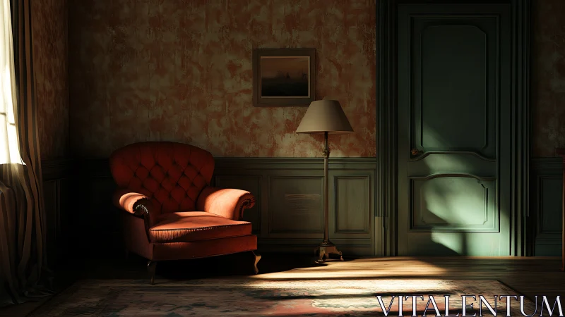 Sunlit vintage armchair in a quiet, shadowed interior.