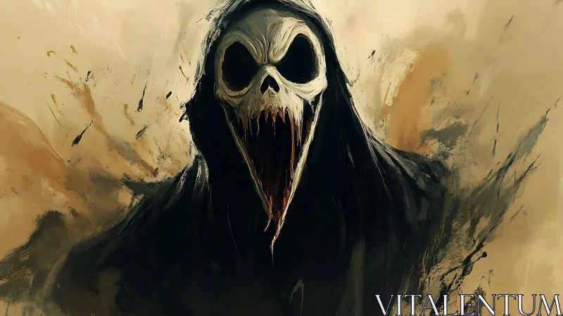 Hooded skeletal figure with gaping mouth emerges from darkness