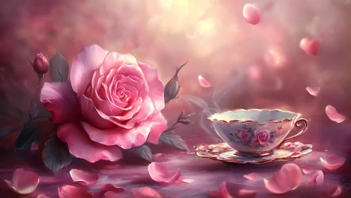 Pink rose and floral teacup with scattered petals arrangement.