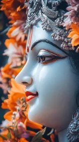 Side profile of ornate deity statue with floral garland