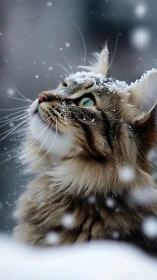 Tabby Cat in Snowfall Gazing Upward.