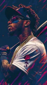 Neon slugger in gold chains waits for the electric pitch.