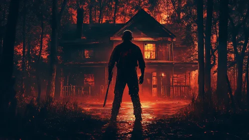 Lone slasher stalks a burning red forest house at night