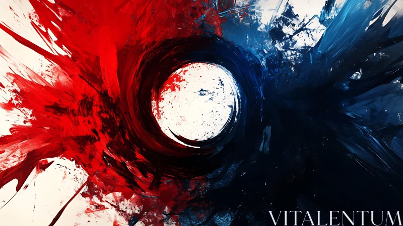 Dynamic abstract red and blue paint clash in modern art style.