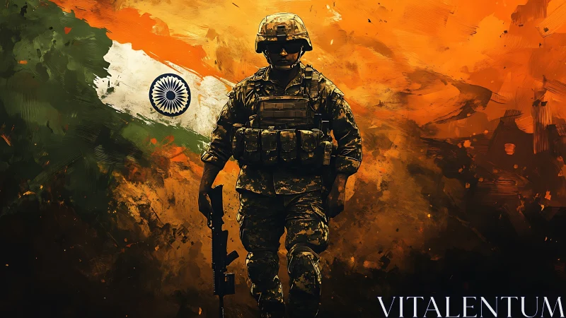 Indian soldier strides before blazing tricolor backdrop.
