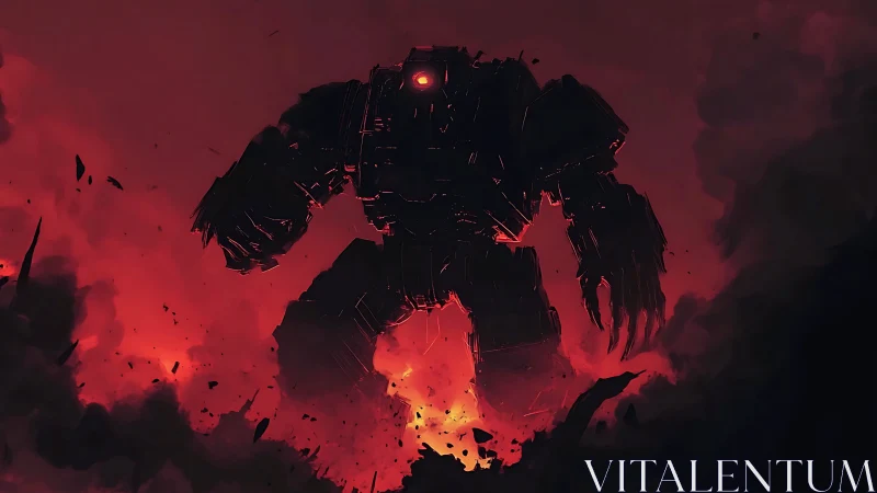 Colossal mech silhouette strides through incendiary battlefield