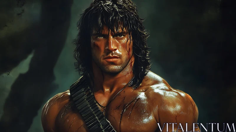 Brooding warrior stands ready in a dark, rain-soaked jungle