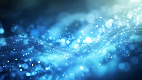 Abstract blue light waves and glowing particles digital background.