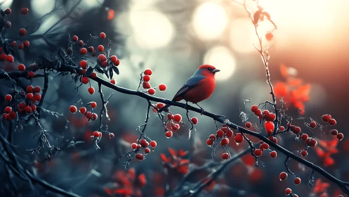 Vibrant red bird on berry branch in dreamy, artistic lighting.