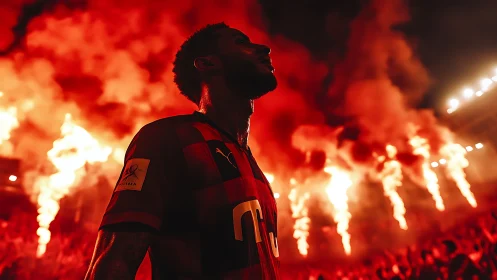 Flame-lit football hero strides through a roaring red cauldron.