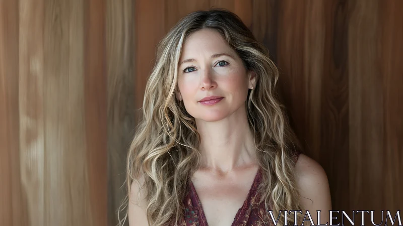Portrait of a woman with wavy hair against wooden background.