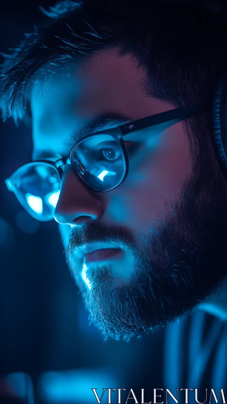 Blue glow of late night focus on a thoughtful gamer.