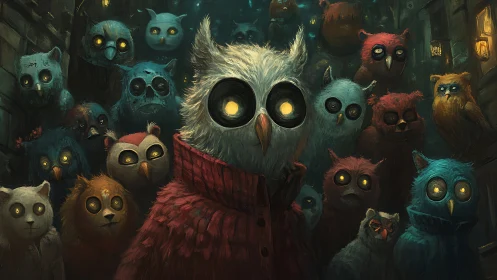 Owl crowd glows under moody teal lantern light tonight.