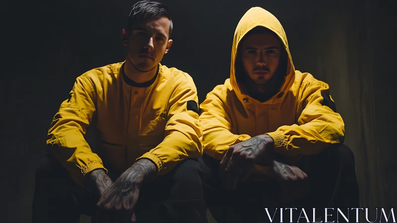 Two friends in yellow hoodies sharing a quiet, moody moment.