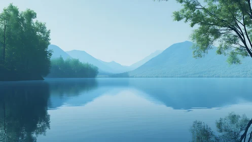 Mist-draped mountains whisper over glassy blue lake hush.