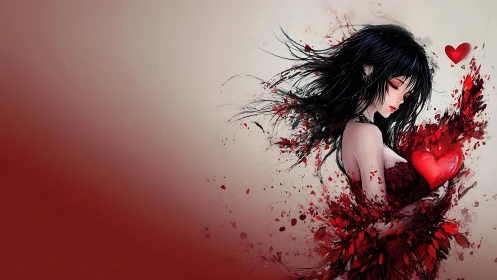 Digital figure with dispersing elements and heart motifs