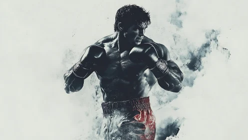 Boxer in Fighting Stance with Dramatic Watercolor Effect.