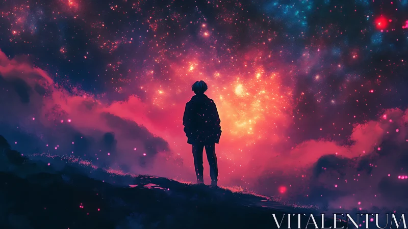 Stargazer on a glowing hill under a dreamy cosmic sky.