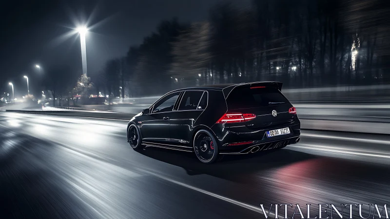 Black hatchback driving on wet city road at night.