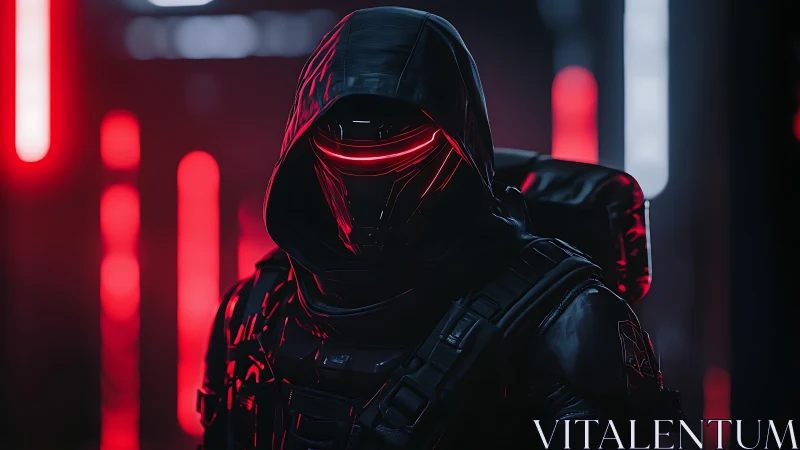 Hooded cyber soldier with red visor in dark corridor.
