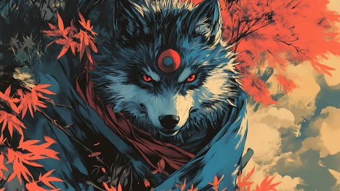 Mystic wolf spirit emerges beneath blazing autumn canopy