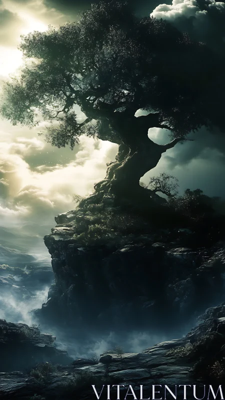 Ancient cliffside tree stands over misty, storm-lit valley.