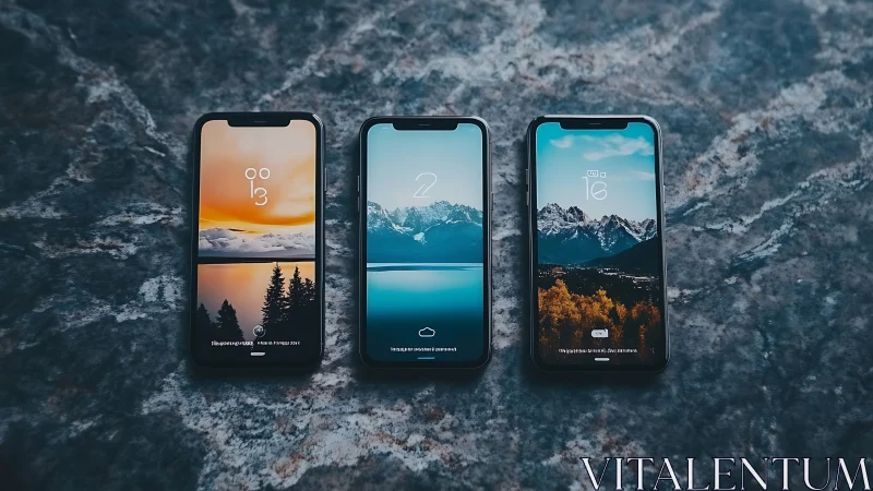 Three cozy smartphones sharing tranquil mountain views.