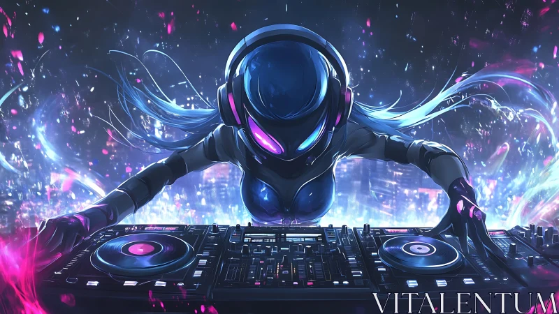Neon visor DJ android bending night into liquid basslines.