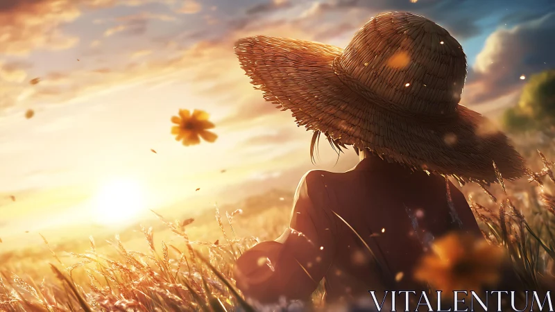 Sunlit figure in straw hat observing glowing wheat horizon.