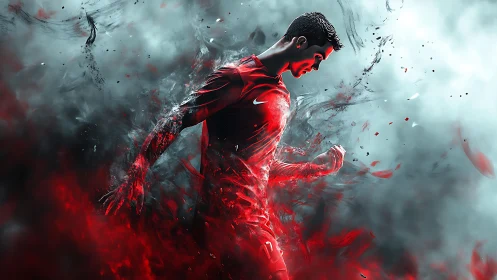 Explosive red footballer in dynamic motion blur storm.