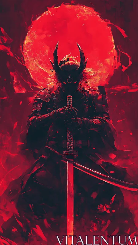 Bloodred moon crowns a silent samurai forged in shadow