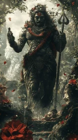 Colossal stone deity figure in dense forest environment.