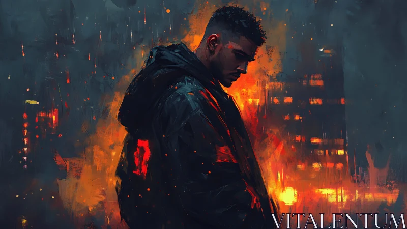 Brooding urban figure amid blazing neon nightscape.