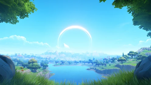 Stylized game environment shows bright lake valley under ring sun