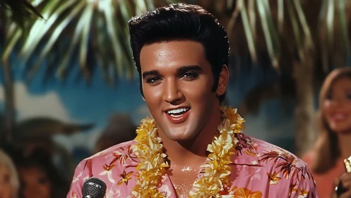 Photorealistic tropical crooner portrait in studio lighting.