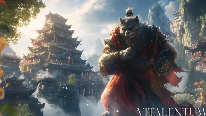 Anthropomorphic warrior figure before tiered temple complex.