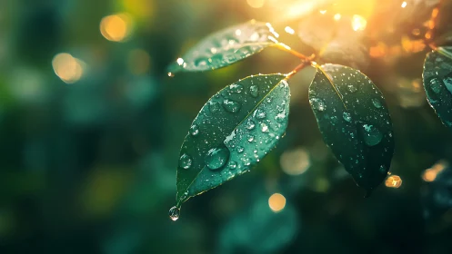 Macro optical study of dew-laden foliage in warm bokeh light.