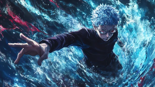 Blue haired fighter surges upward through swirling water