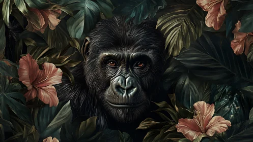 Gorilla portrait framed by lush tropical foliage and florals.