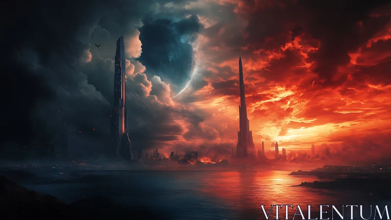 Dual-tone futuristic skyline divides stormy alien seascape