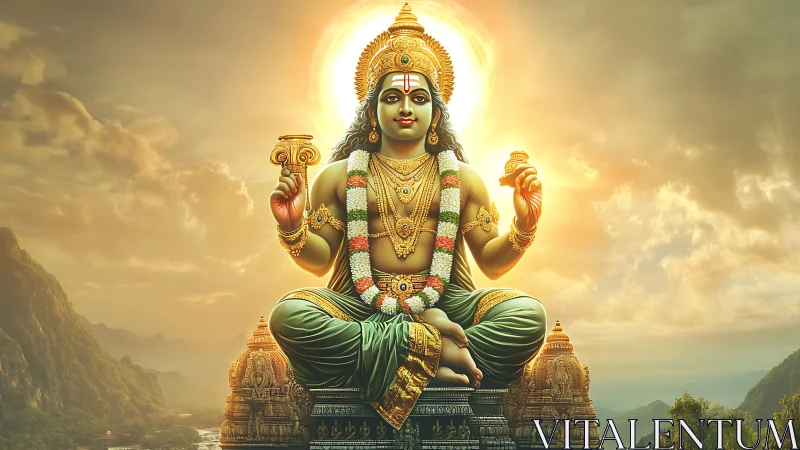 Radiant digital deity seated against luminous mountain sky