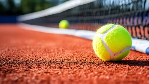 Macro tennis ball on clay court with shallow depth of field.