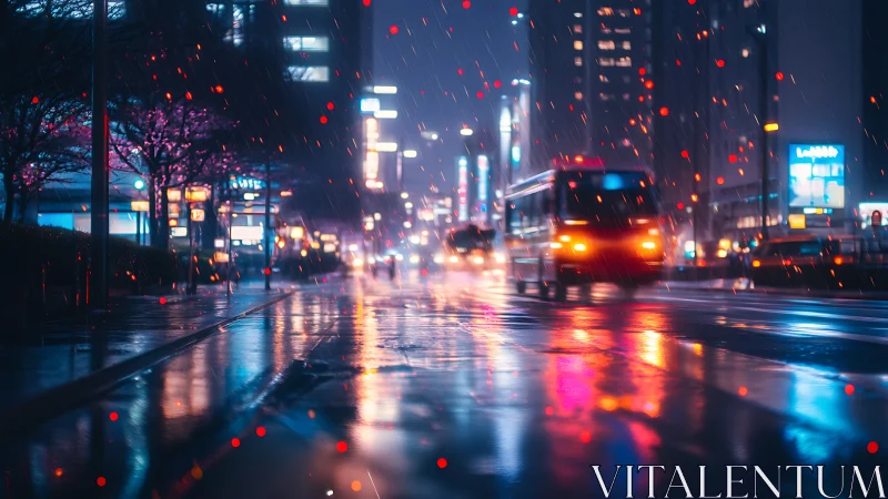 Neon city buses glide through a rainy, reflective night street