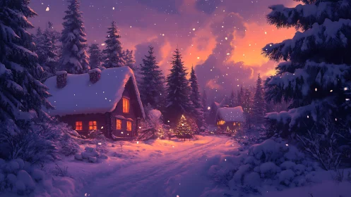 Digital painting of winter cabin village at golden dusk.