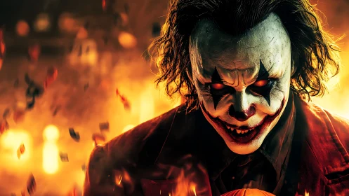 Sinister clown in fiery glow with haunting, playful grin.