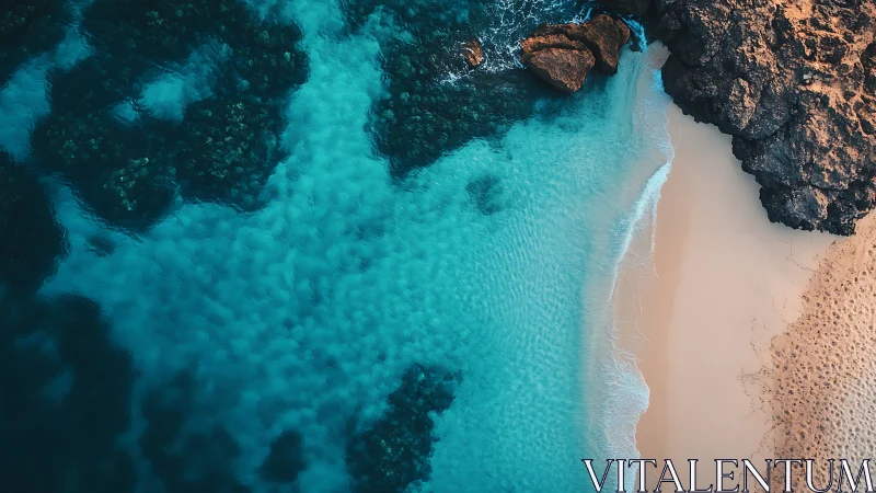 Turquoise surf meets sunlit sand below rugged sea cliffs.