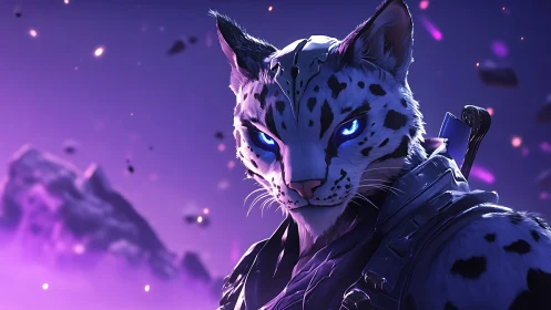 Armored cybernetic snow leopard warrior with neon gaze